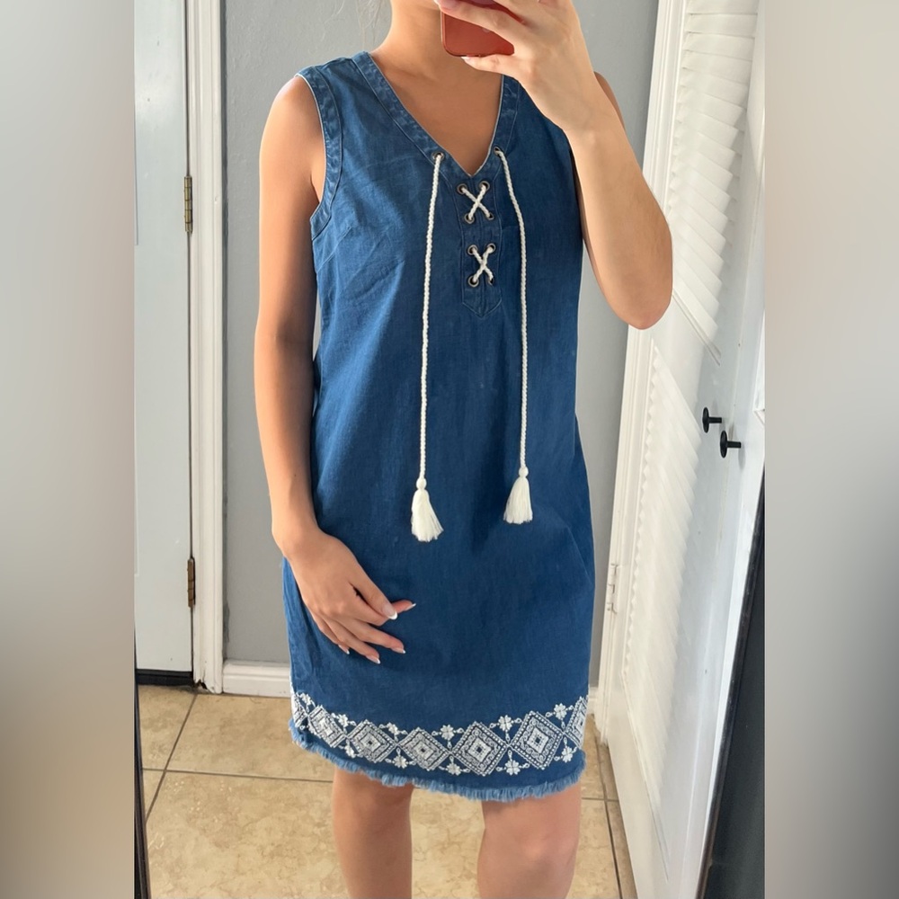 Chambray denim embroidered tassel vneck lace up shift mini dress S boho casual - Picture 7 of 12